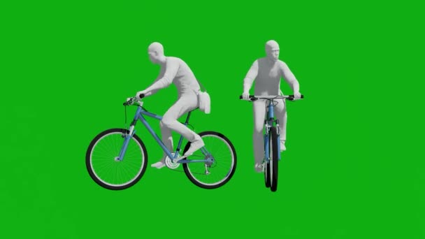 3D学生の男の子緑の画面自転車色や素材なしで2つの異なるビューで路地に乗る — ストック動画