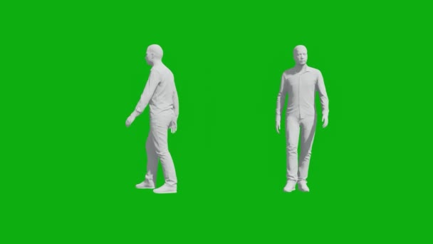3D若い男緑の画面は 色や材料なしで2つの異なるビューで公園を歩く — ストック動画