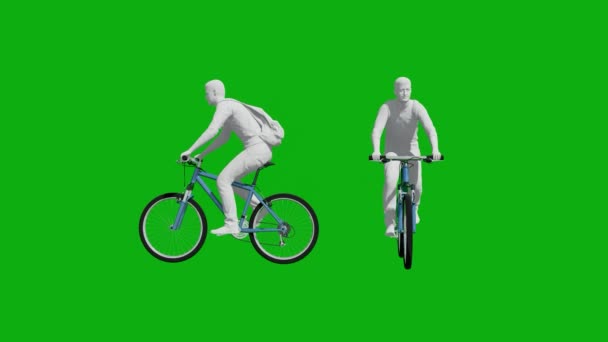 3D学生男孩绿色荧幕骑自行车骑着没有色彩和材料的两个不同的观点在邻里之间穿梭 — 图库视频影像