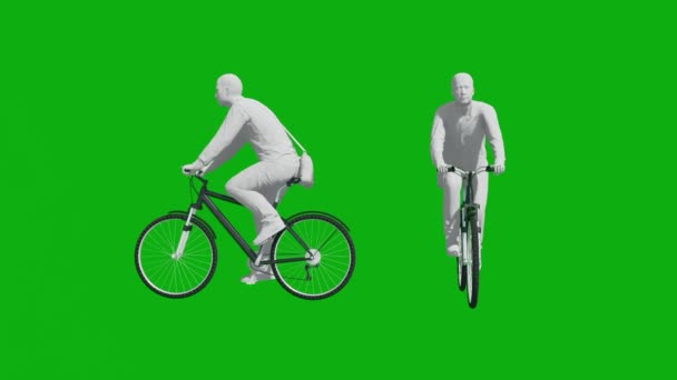 3D学生の男緑の画面は 色や材料なしで2つの異なるビューで近所に乗る自転車 — ストック動画