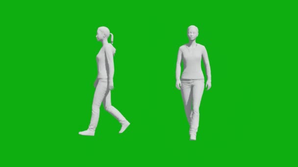 3D运动女性绿色屏幕等待她的朋友咖啡馆与两个不同的观点没有颜色和材料 — 图库视频影像