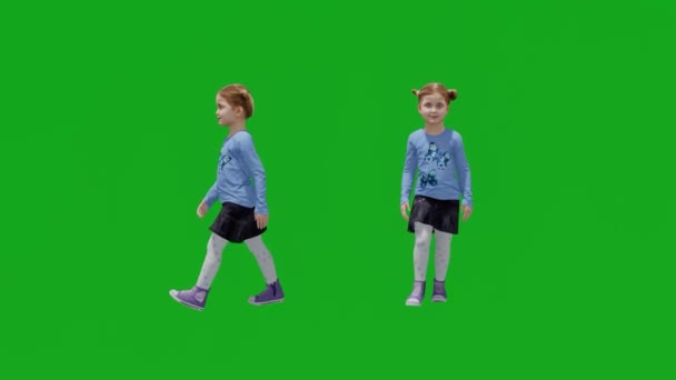 3D緑の画面の赤ちゃん女の子とともに公園を歩く2異なるビュー — ストック動画