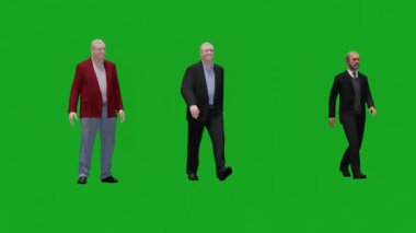 3D iş adamı yeşil ekranda yürür insanlar krom anahtar arka plan 3D canlandırma 4k