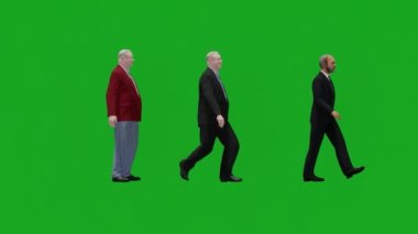 3D iş adamı yeşil ekranda yürür insanlar krom anahtar arka plan 3D canlandırma 4k