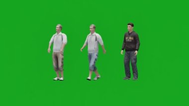 3D iş adamı yeşil ekranda yürür insanlar krom anahtar arka plan 3D canlandırma 4k