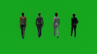 Çeşitli siyah kadınlar yeşil ekran hareket ediyor ve arkadan yürüyor