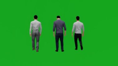 Ofiste üç farklı orta yaşlı Amerikalı adam üç boyutlu yeşil ekranda yürüyor.
