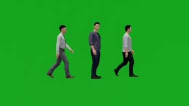 Üç farklı Amerikan erkek çalışanı ofisin kenarından üç boyutlu olarak yeşil ekranda yürüyorlar.