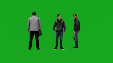 3 farklı adam 3 boyutlu istasyonda otobüs bekliyor.
