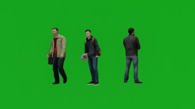 Üç farklı çalışan yeşil ekranda yürüyor ve ofisteki meslektaşlarıyla konuşuyor.
