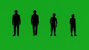 2D siluetler dört farklı çocuk yeşil ekran konuşuyor ve ön görüntüde yürüyorlar.