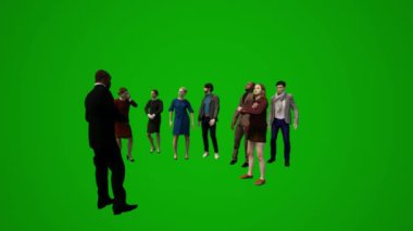 Yeşil ekranlı müdürle konuşan 3D çalışanları hareket halinde olan ofiste protesto yapıyorlar.