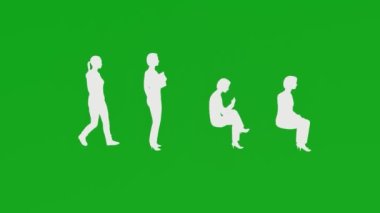 2D animasyon dört farklı beyaz kadın oturuyor ve yeşil ekran arka planında yürüyor ve konuşuyor renksiz yan görünüm kromatuvarı