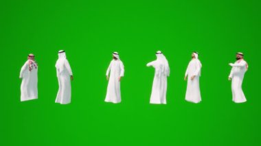 Üç boyutlu yeşil ekran alışverişi yapan, gezen, konuşan ve yürüyen dört Arap adam canlandırıldı.