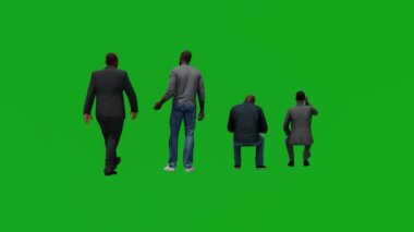 Üç boyutlu yeşil ekran alışverişi yapan, gezen, konuşan ve yürüyen dört Afrikalı adam.