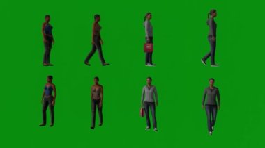 Üç boyutlu Afrikalı ev kadınları ve hemşireler yeşil ekranda yürüyor, konuşuyor ve çantalarla alışveriş yapıyor.