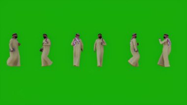 Arap adam yürüyor ve Arap kıyafetleri içiyor. Yeşil ekran 3D