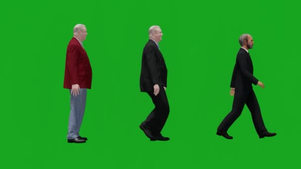 3Dビジネスマン歩く緑の画面の人々クロマキー背景3Dレンダリングアニメーション4K — ストック動画
