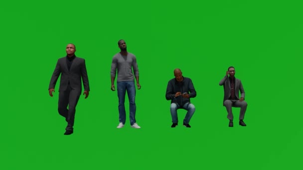 Animatie Van Vier Afrikaanse Mannen Groen Scherm Winkelen Reizen Praten — Stockvideo