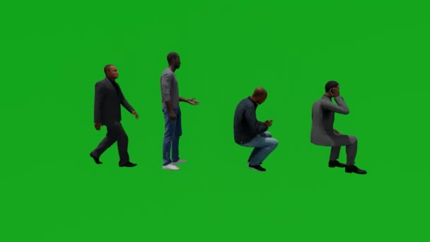 Мультипликация Четырех Африканских Мужчин Зеленый Экран Покупки Путешествия Разговоры Ходьба — стоковое видео