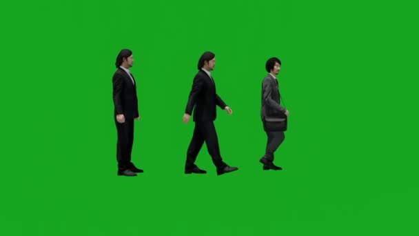 Tres Empleados Diferentes Pantalla Verde Caminando Desde Vista Lateral — Vídeo de stock