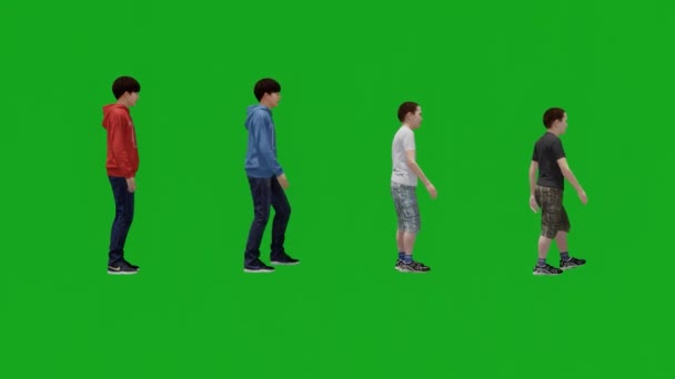 Four Different Boys Green Screen Side Side Talking Walking Side — Stock Video