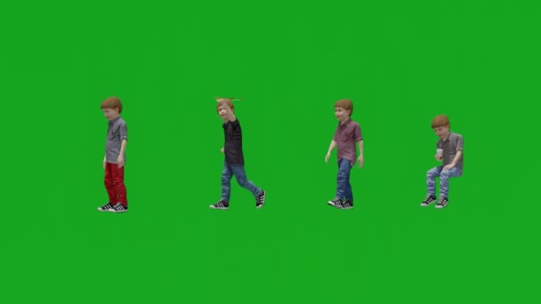 四个不同的绿色屏幕男孩一起玩 并排走着3D侧视图 — 图库视频影像