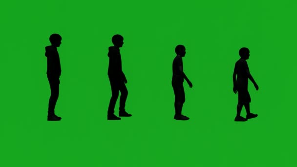 Silhouetten Vier Verschillende Jongens Groen Scherm Praten Lopen Geanimeerde Zijaanzicht — Stockvideo