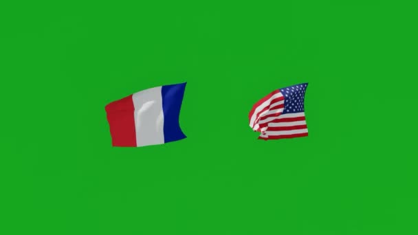 Amerikanska Och Franska Flaggor Sida Vid Sida Grön Skärm Skakar — Stockvideo