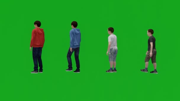 Quatro Meninos Diferentes Tela Verde Lado Lado Falando Andando Visão — Vídeo de Stock