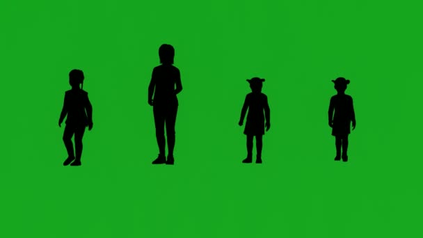 Silhouet Vier Verschillende Kleine Meisjes Groen Scherm Praten Lopen Geanimeerde — Stockvideo