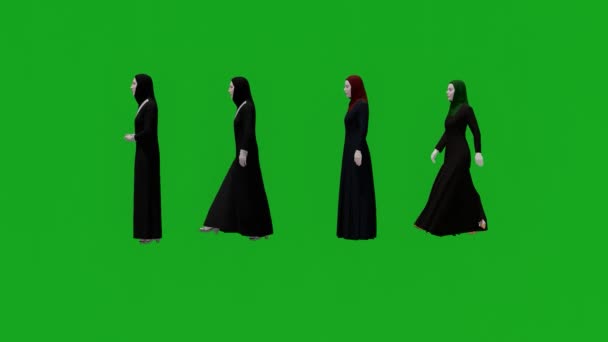 穆斯林妇女的绿色屏幕站着 从侧面看去移动和行走 — 图库视频影像