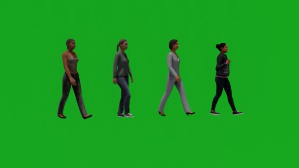 Diferentes Mujeres Africanas Pantalla Verde Moviéndose Caminando Desde Vista Lateral — Vídeo de stock