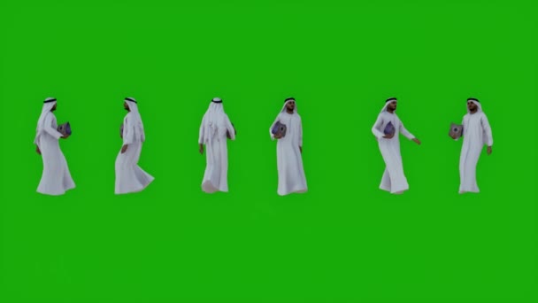 Arab Man Green Screen Walking Carrying Book Handbag Six Different — Stock Video