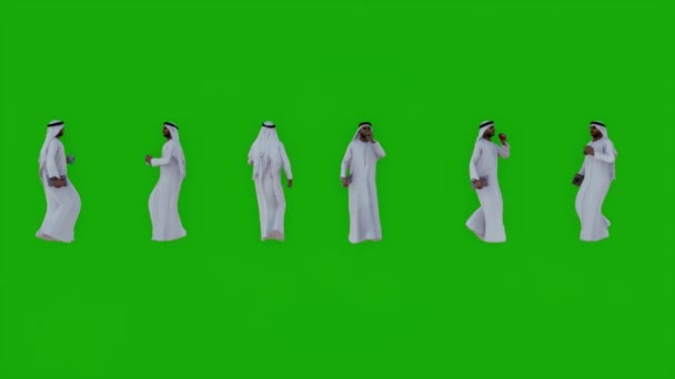 Hombre Árabe Pantalla Verde Caminando Bebiendo Con Seis Vistas Diferentes — Vídeos de Stock