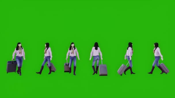 Asiatisk Kvinna Grön Skärm Går Till Flygplatsen Gate Med Stor — Stockvideo