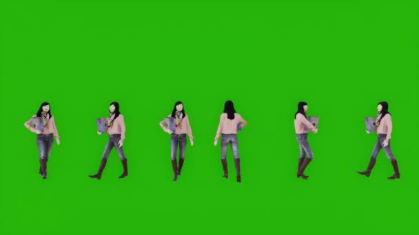 Asiatisk Kvinna Grön Skärm Promenad Butik Med Shopping Box Sex — Stockvideo