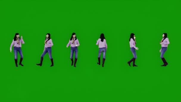 Пьяная Женщина Зеленым Экраном Ходить Отвечать Мобильный Шестью Различными Взглядами — стоковое видео
