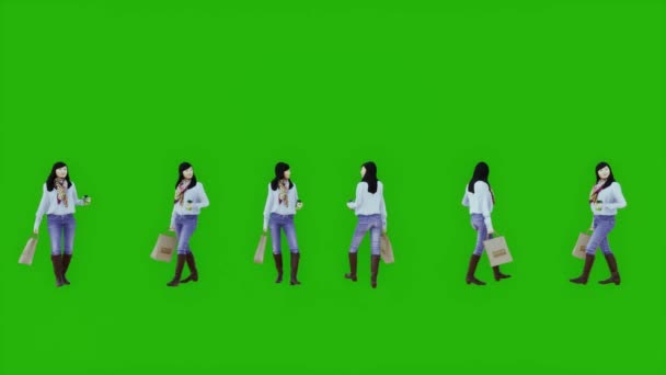 亚洲女性绿屏带着购物袋走街串巷6种不同的观点 — 图库视频影像