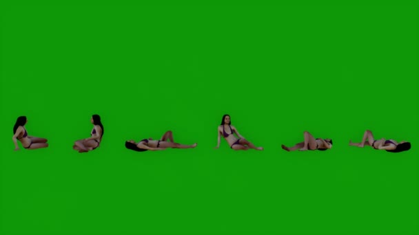 Groen Scherm Bikini Meisje Liggend Zonnebaden Het Strand Met Zes — Stockvideo