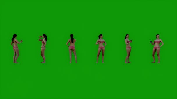ビキニ女の子緑スクリーン飲酒と周りにパーティーとともに6つの異なるビュー — ストック動画