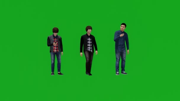 Three Different Young Asian Boys Green Screen Checking Phone Walking — Stock Video