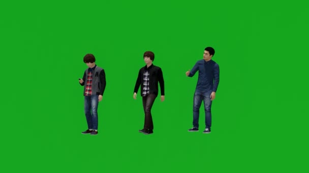 Три Различных Молодых Азиатских Мальчика Зеленый Экран Смс Говорить — стоковое видео