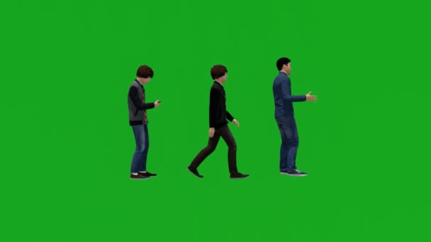 Drei Verschiedene Junge Europäische Jungen Green Screen Fuß Durch Den — Stockvideo