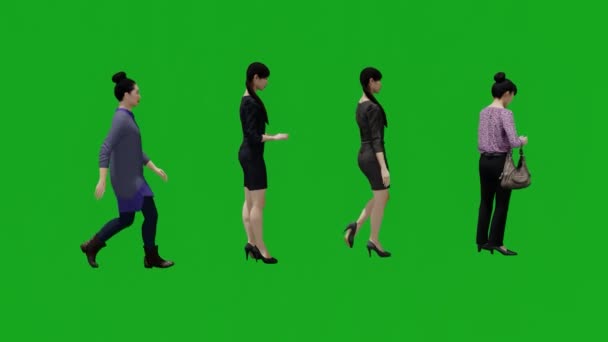 Cuatro Diferentes Mujeres Asiáticas Jóvenes Pantalla Verde Caminando Hablando Vista — Vídeo de stock