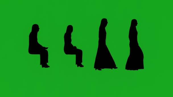 Силуети Чотири Різних Одягнених Жінок Зелений Екран Розмовляють Ходять Сидять — стокове відео