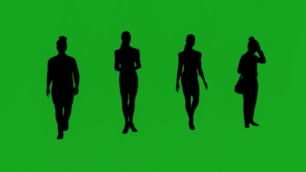 Siluetas Cuatro Mujeres Diferentes Ajuste Pantalla Verde Caminando Por Oficina — Vídeos de Stock