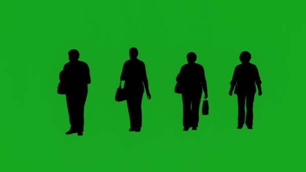 Σιλουέτες Τέσσερις Διαφορετικές Ηλικιωμένες Γυναίκες Πράσινο Οθόνη Ψώνια Και Περπάτημα — Αρχείο Βίντεο
