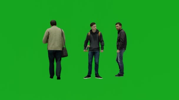 Три Різні Студенти Чоловічої Статі Зелений Екран Розмовляють Ходять Університетом — стокове відео