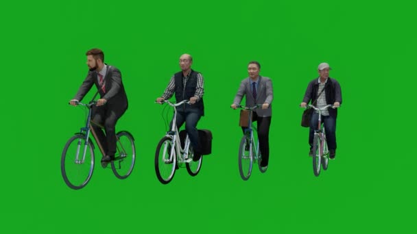 Vier Mannen Van Middelbare Leeftijd Groen Scherm Rijden Fietsen Vooraanzicht — Stockvideo